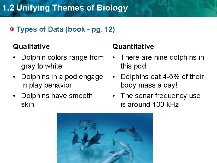 1. 2 Unifying Themes of Biology Types of Data (book - pg. 12) Qualitative