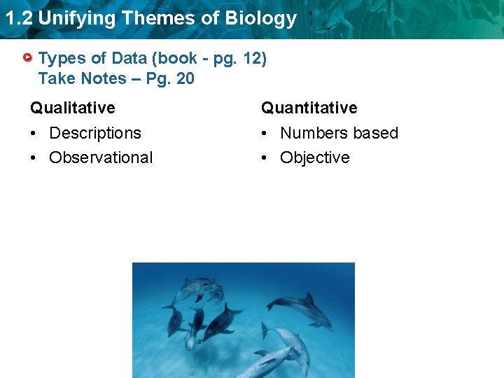 1. 2 Unifying Themes of Biology Types of Data (book - pg. 12) Take