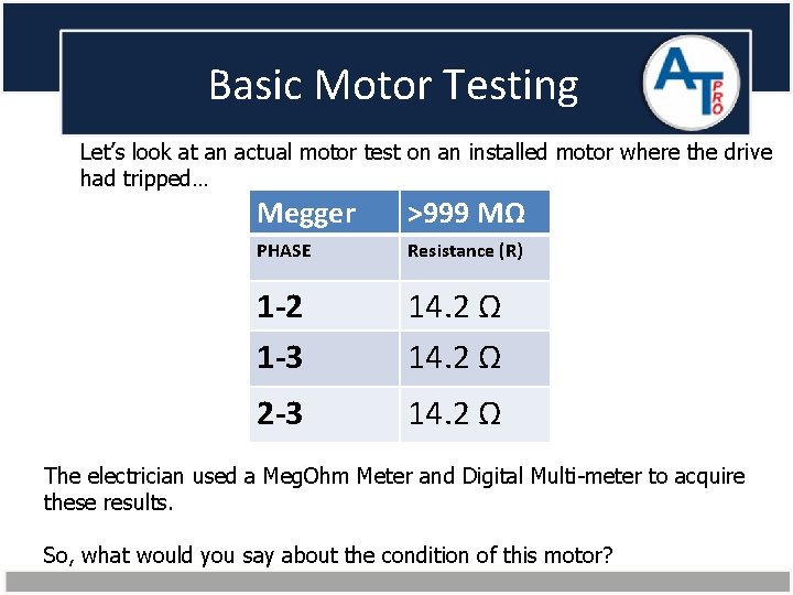 Basic Motor Testing Let’s look at an actual motor test on an installed motor