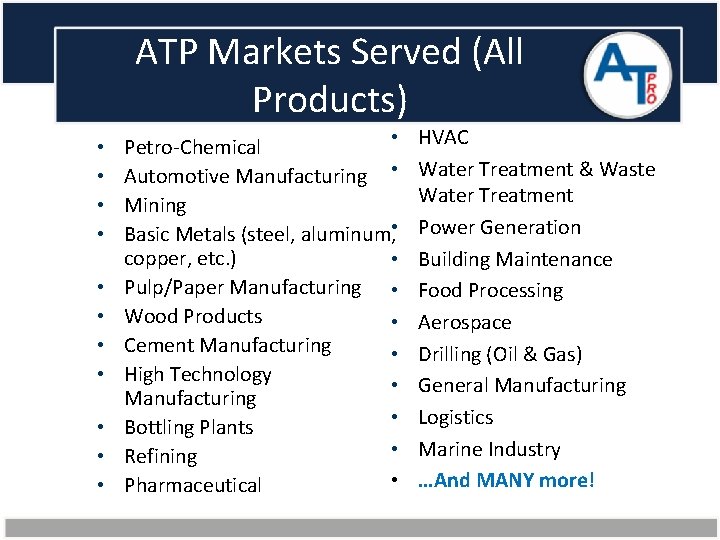 ATP Markets Served (All Products) • • • Petro-Chemical Automotive Manufacturing • Mining Basic