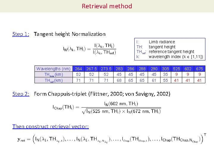 Retrieval method Step 1: Tangent height Normalization I: THref: k: Wavelengths (nm) THlow (km)