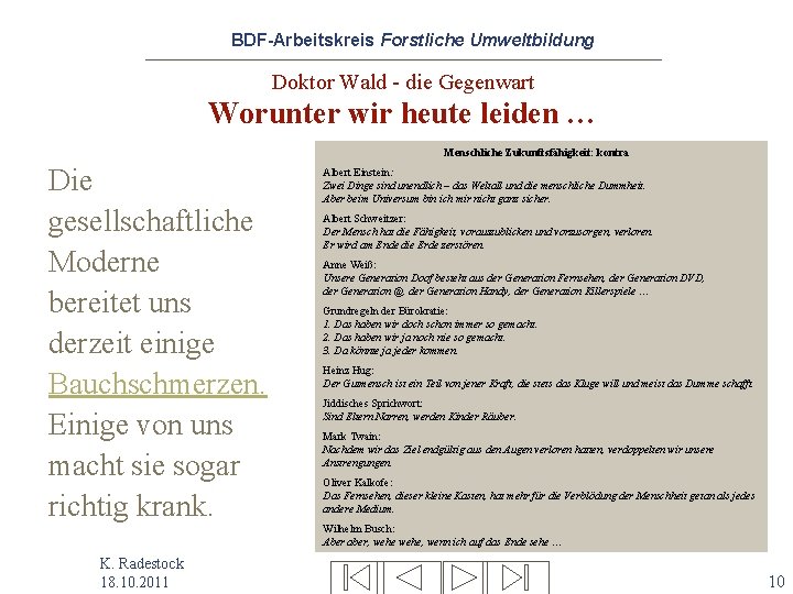 BDF-Arbeitskreis Forstliche Umweltbildung Doktor Wald - die Gegenwart Worunter wir heute leiden … Menschliche