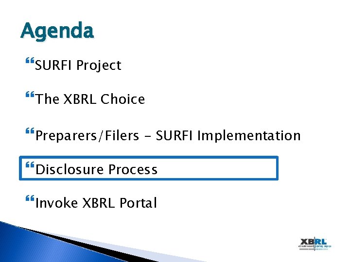 Agenda SURFI Project The XBRL Choice Preparers/Filers - SURFI Implementation Disclosure Process Invoke XBRL