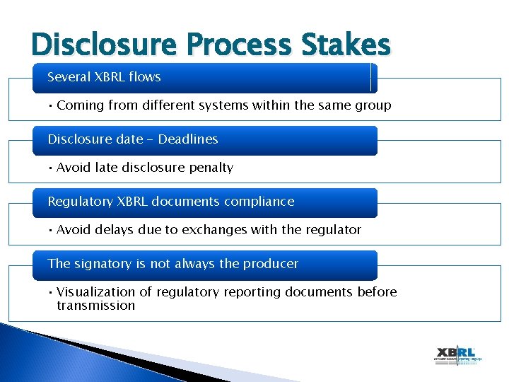 Disclosure Process Stakes Several XBRL flows • Coming from different systems within the same
