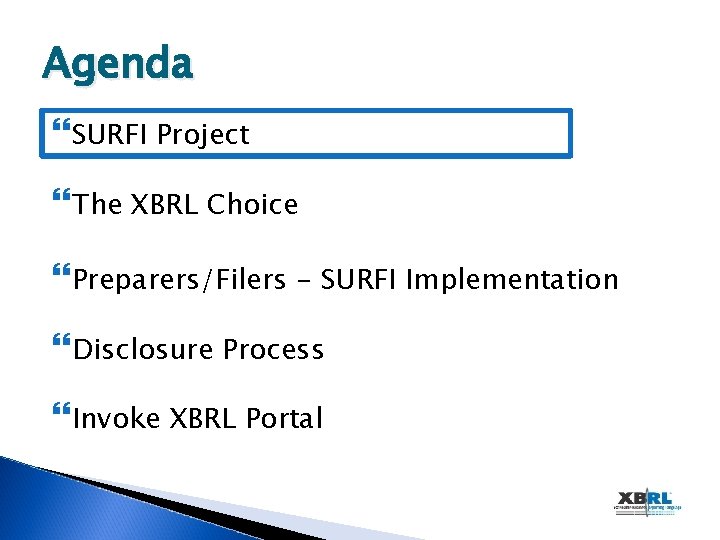 Agenda SURFI Project The XBRL Choice Preparers/Filers - SURFI Implementation Disclosure Process Invoke XBRL