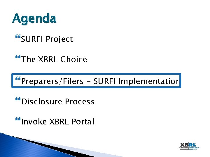 Agenda SURFI Project The XBRL Choice Preparers/Filers - SURFI Implementation Disclosure Process Invoke XBRL
