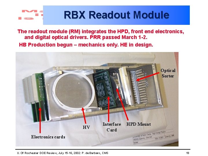 RBX Readout Module The readout module (RM) integrates the HPD, front end electronics, and