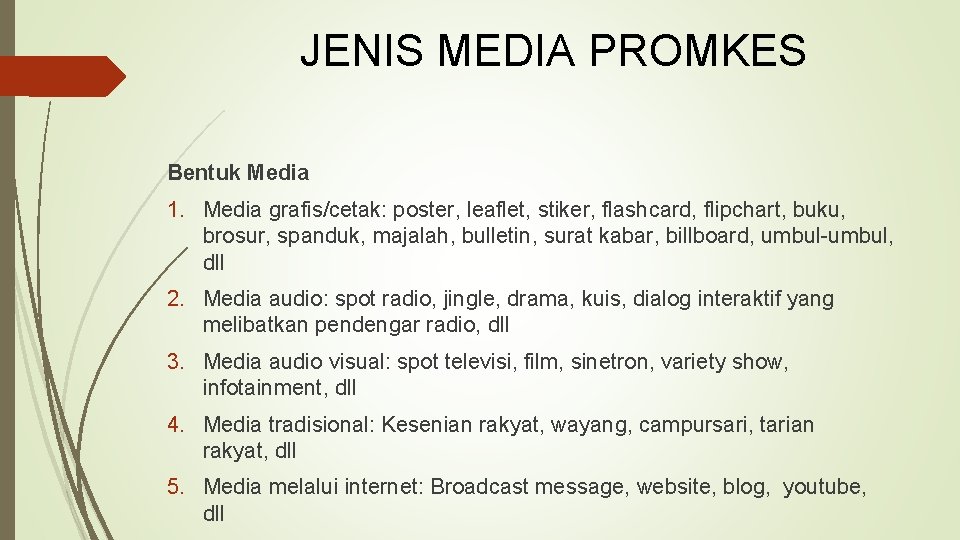 JENIS MEDIA PROMKES Bentuk Media 1. Media grafis/cetak: poster, leaflet, stiker, flashcard, flipchart, buku,