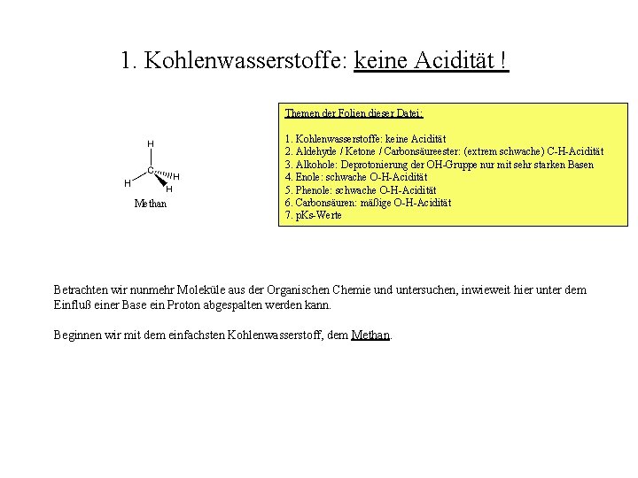 1. Kohlenwasserstoffe: keine Acidität ! Themen der Folien dieser Datei: Methan 1. Kohlenwasserstoffe: keine