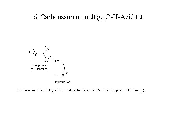 6. Carbonsäuren: mäßige O-H-Acidität Eine Base wie z. B. ein Hydroxid-Ion deprotoniert an der