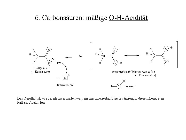 6. Carbonsäuren: mäßige O-H-Acidität Das Resultat ist, wie bereits zu erwarten war, ein mesomeriestabilisiertes