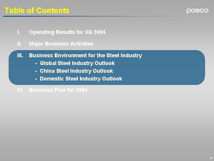 Table of Contents I. Operating Results for 3 Q 2004 II. Major Business Activities