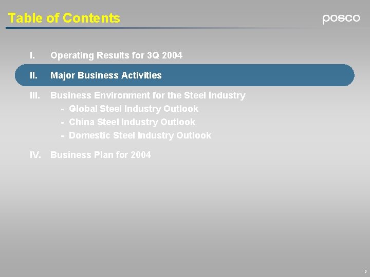 Table of Contents I. Operating Results for 3 Q 2004 II. Major Business Activities