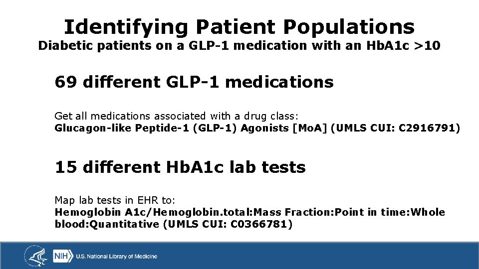 Identifying Patient Populations Diabetic patients on a GLP-1 medication with an Hb. A 1