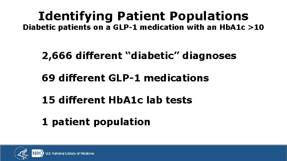 Identifying Patient Populations Diabetic patients on a GLP-1 medication with an Hb. A 1