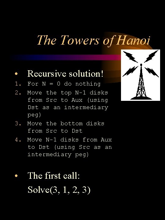 The Towers of Hanoi • Recursive solution! 1. For N = 0 do nothing