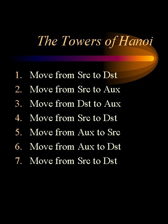 The Towers of Hanoi 1. 2. 3. 4. 5. 6. 7. Move from Src