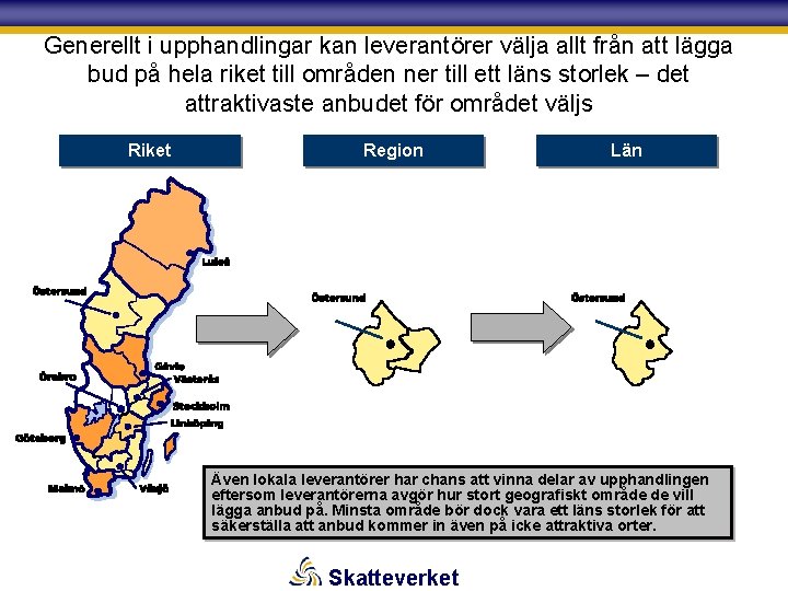 Generellt i upphandlingar kan leverantörer välja allt från att lägga bud på hela riket