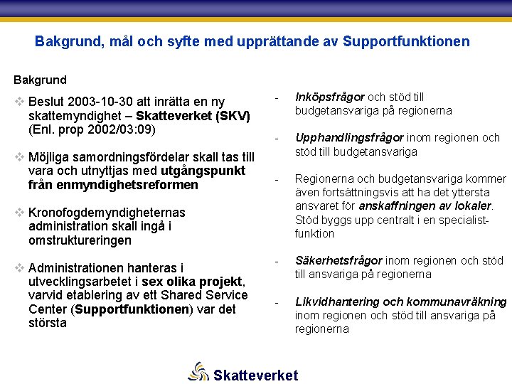 Bakgrund, mål och syfte med upprättande av Supportfunktionen Bakgrund v Beslut 2003 -10 -30