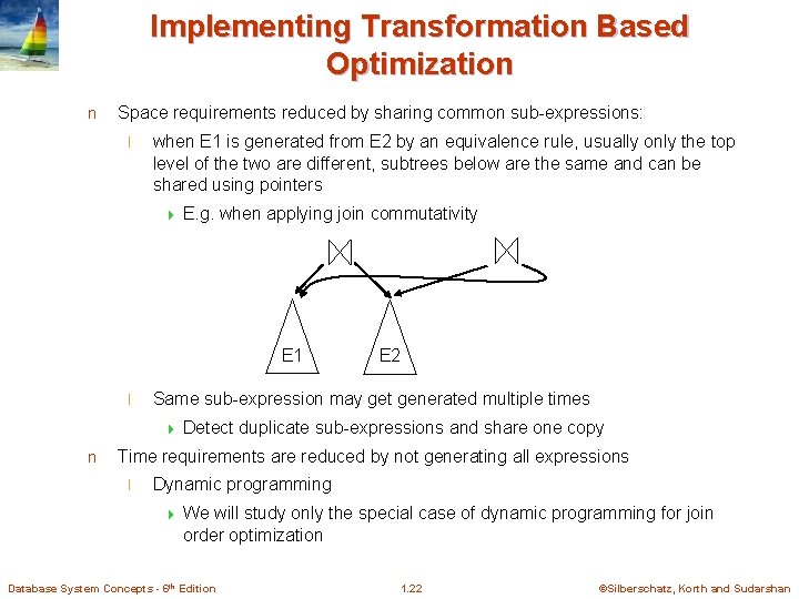 Implementing Transformation Based Optimization n Space requirements reduced by sharing common sub-expressions: l when