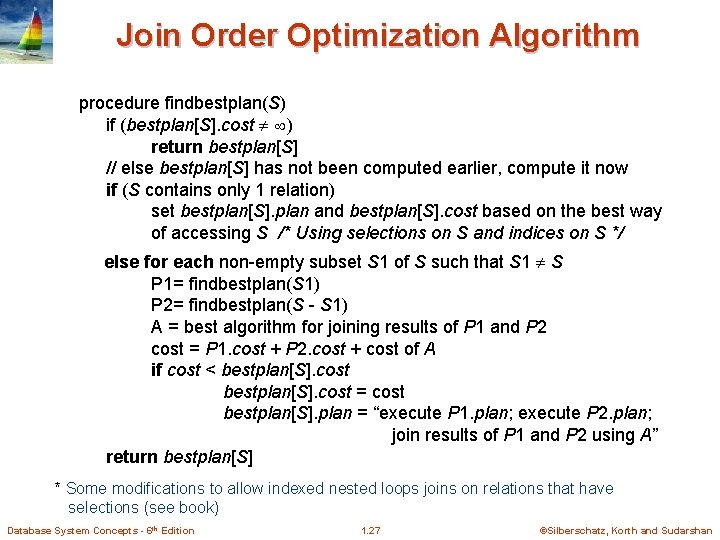 Join Order Optimization Algorithm procedure findbestplan(S) if (bestplan[S]. cost ) return bestplan[S] // else