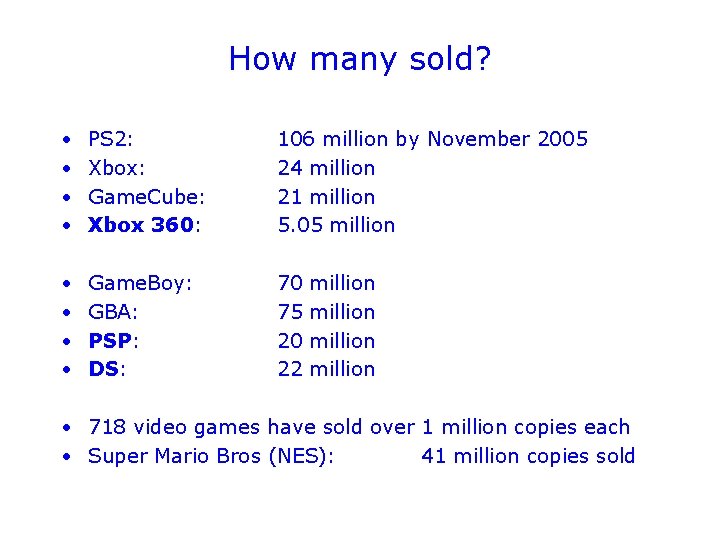 How many sold? • • PS 2: Xbox: Game. Cube: Xbox 360: 106 million