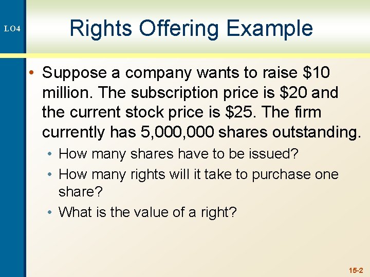 LO 4 Rights Offering Example • Suppose a company wants to raise $10 million.