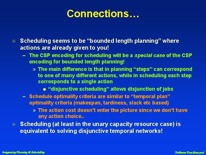 Connections… G Scheduling seems to be “bounded length planning” where actions are already given