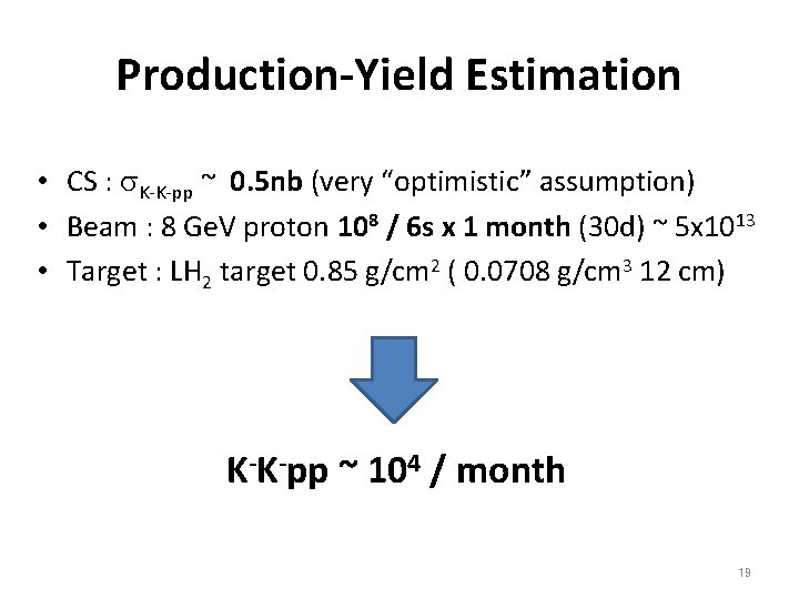 Production-Yield Estimation • CS : s. K-K-pp ~ 0. 5 nb (very “optimistic” assumption)