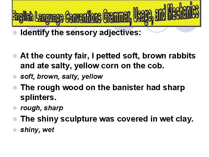 l Identify the sensory adjectives: l At the county fair, I petted soft, brown