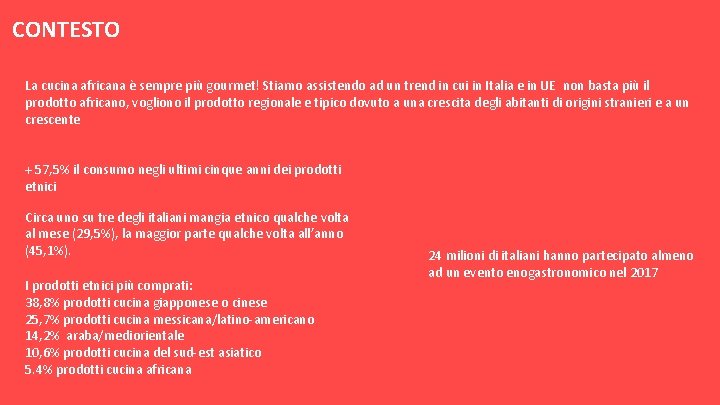 CONTESTO La cucina africana è sempre più gourmet! Stiamo assistendo ad un trend in