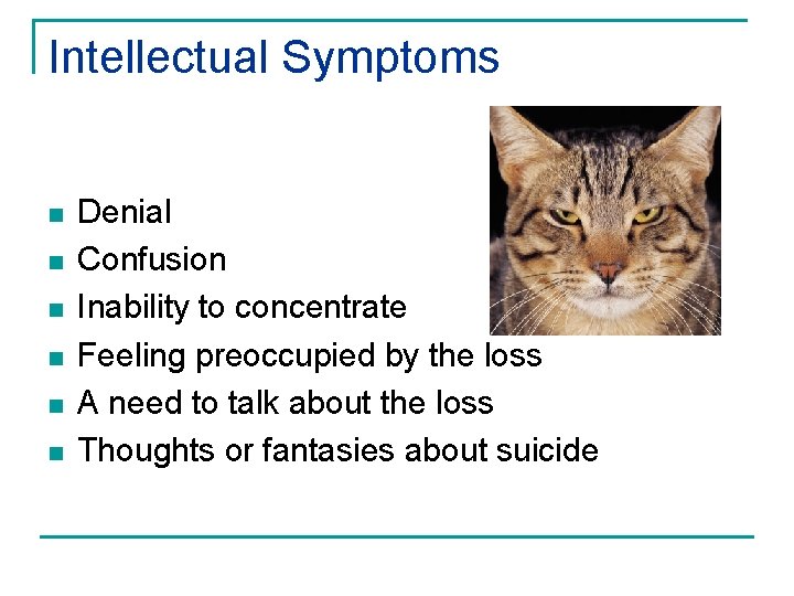 Intellectual Symptoms n n n Denial Confusion Inability to concentrate Feeling preoccupied by the