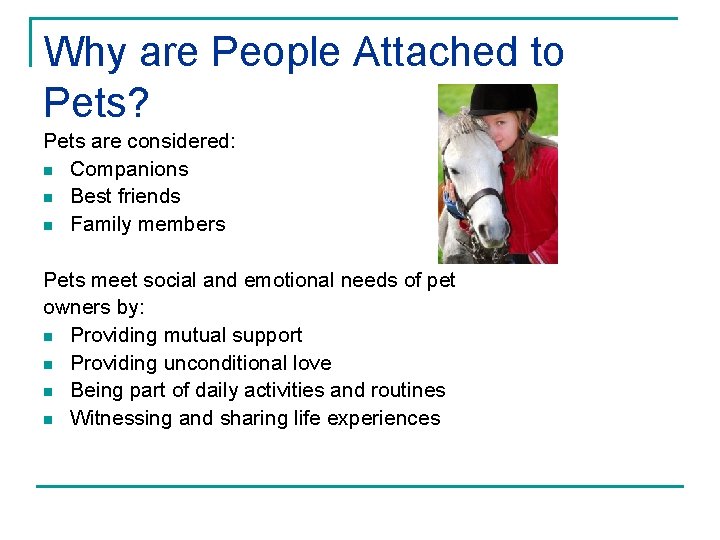 Why are People Attached to Pets? Pets are considered: n Companions n Best friends