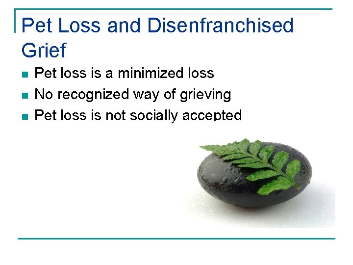 Pet Loss and Disenfranchised Grief n n n Pet loss is a minimized loss