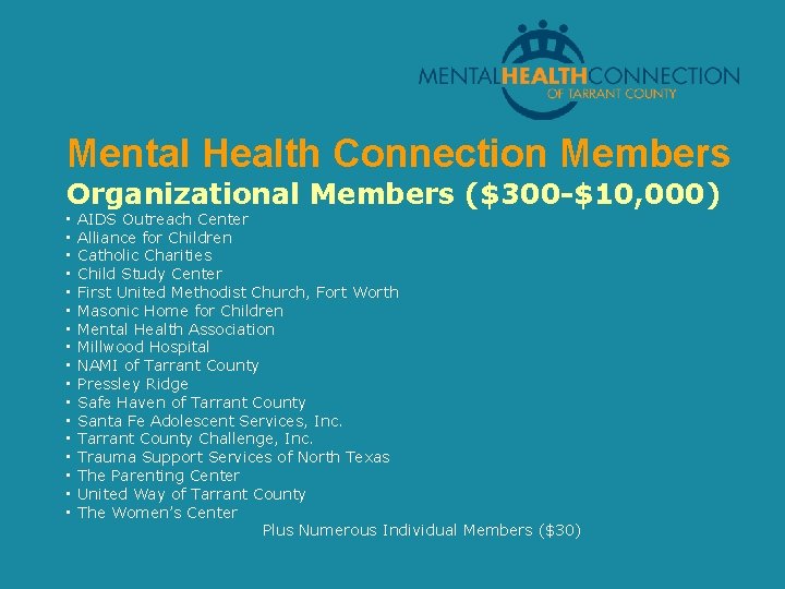 Mental Health Connection Members Organizational Members ($300 -$10, 000) • • • • •