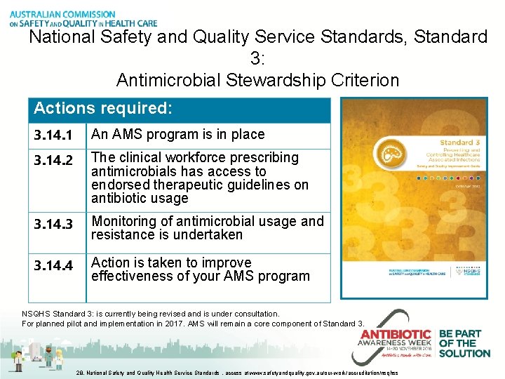 National Safety and Quality Service Standards, Standard 3: Antimicrobial Stewardship Criterion Actions required: 3.