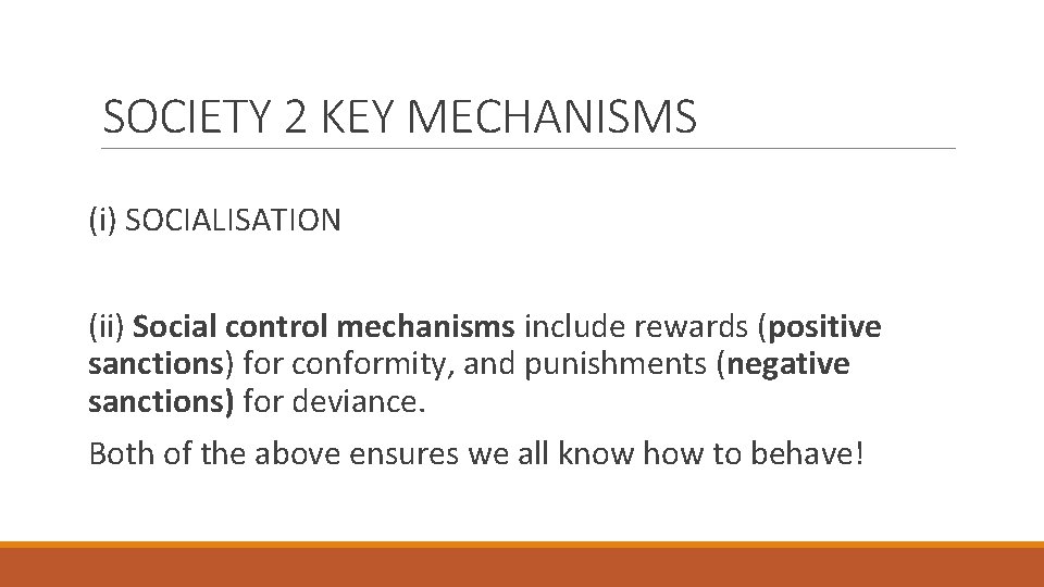 SOCIETY 2 KEY MECHANISMS (i) SOCIALISATION (ii) Social control mechanisms include rewards (positive sanctions)