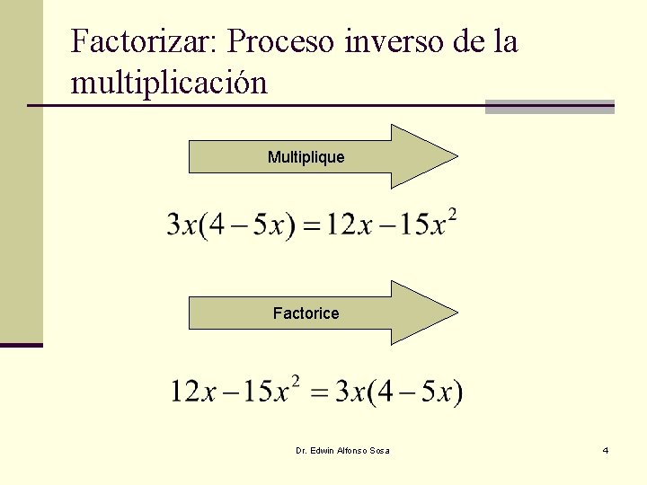 Factorizar: Proceso inverso de la multiplicación Multiplique Factorice Dr. Edwin Alfonso Sosa 4 