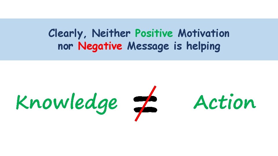 KEEPING UP… Neither Positive Motivation Clearly, nor Negative Message is helping Knowledge = Action