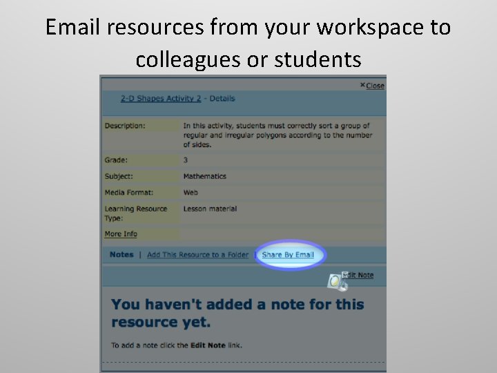 Email resources from your workspace to colleagues or students 