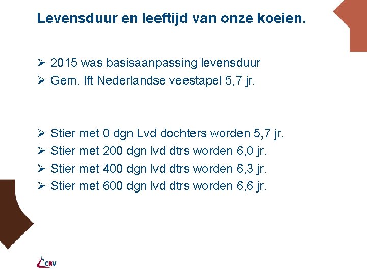 Levensduur en leeftijd van onze koeien. Ø 2015 was basisaanpassing levensduur Ø Gem. lft