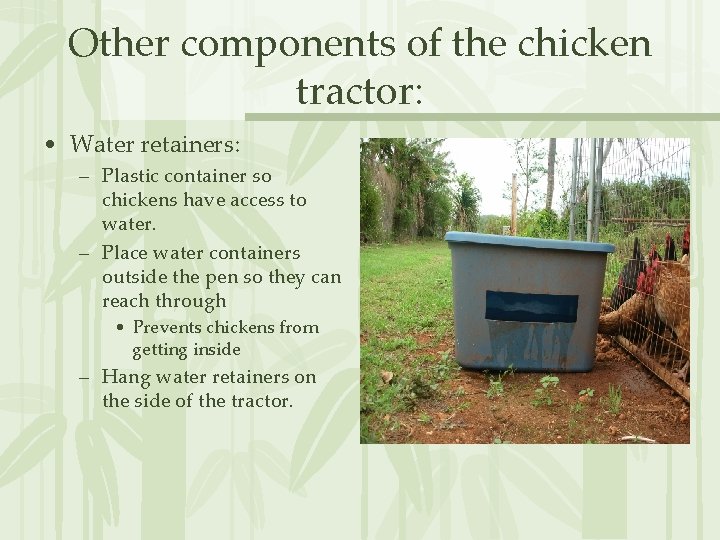 Other components of the chicken tractor: • Water retainers: – Plastic container so chickens