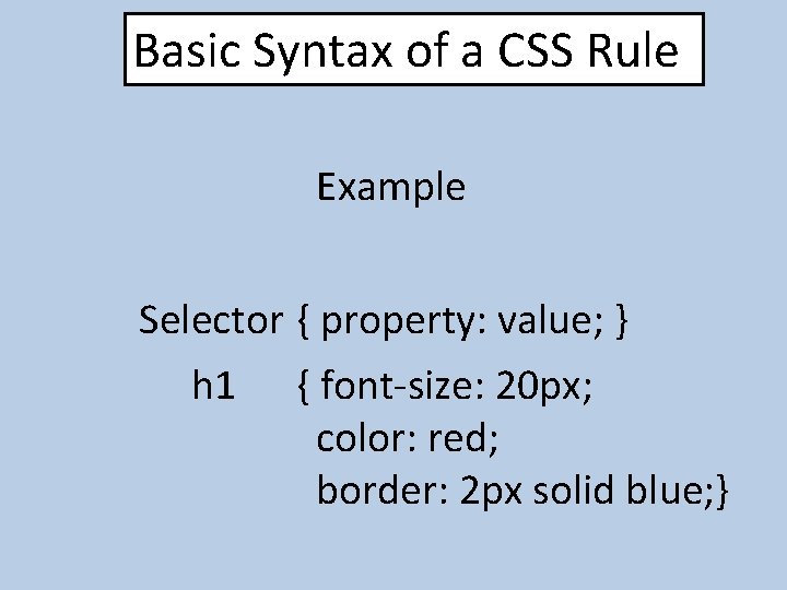 Basic Syntax of a CSS Rule Example Selector { property: value; } h 1