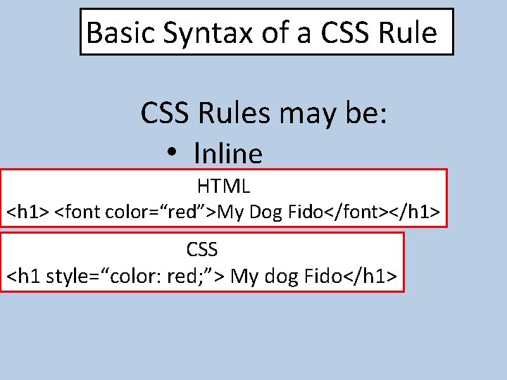 Basic Syntax of a CSS Rules may be: • Inline HTML <h 1> <font