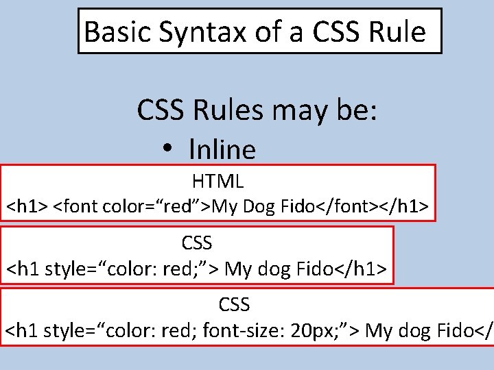 Basic Syntax of a CSS Rules may be: • Inline HTML <h 1> <font