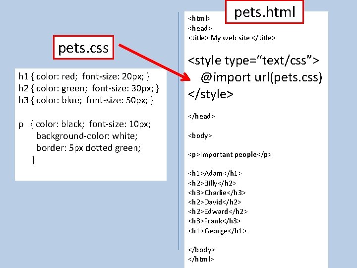 pets. html pets. css h 1 { color: red; font-size: 20 px; } h