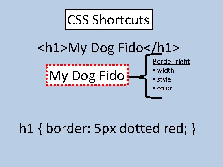 CSS Shortcuts <h 1>My Dog Fido</h 1> My Dog Fido Border-right Border • width