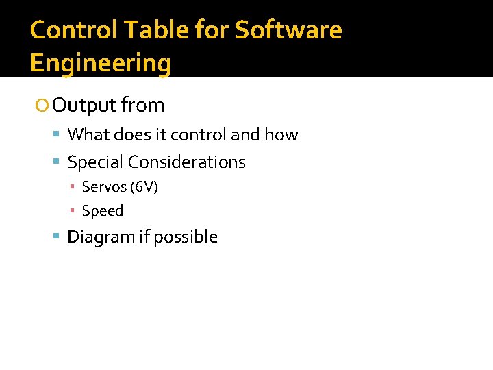 Control Table for Software Engineering Output from What does it control and how Special