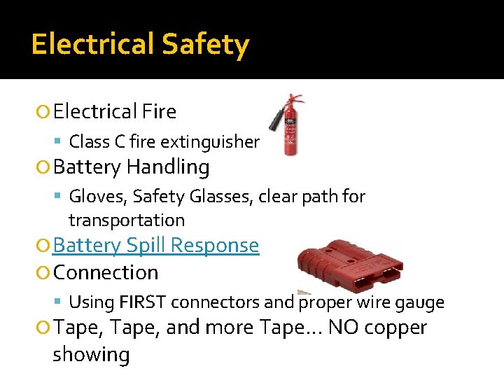Electrical Safety Electrical Fire Class C fire extinguisher Battery Handling Gloves, Safety Glasses, clear