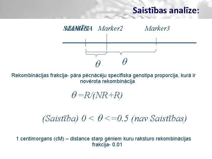 Saistības analīze: SLIMĪBA Marker 1 Marker 2 Marker 3 Rekombinācijas frakcija- pāra pēcnācēju specifiska